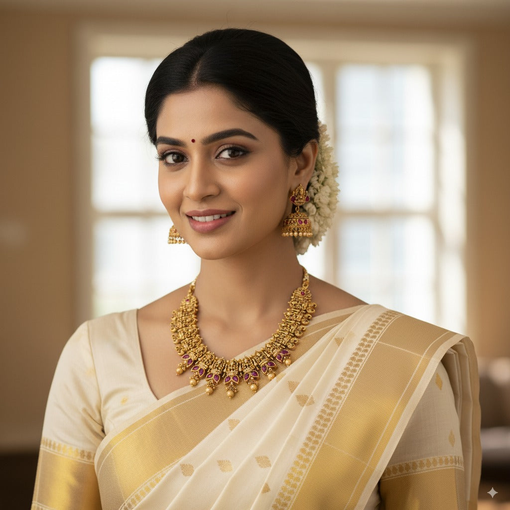 Woman wearing a traditional beige saree with gold jewelry indoors.