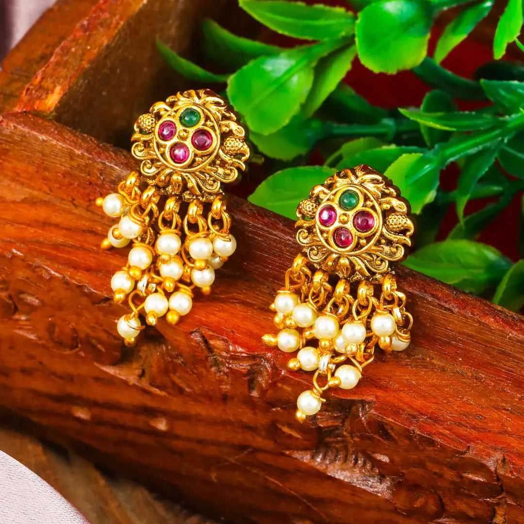 Minimalist Temple Bali Earrings – Gold-Plated Ruby & Emerald Design