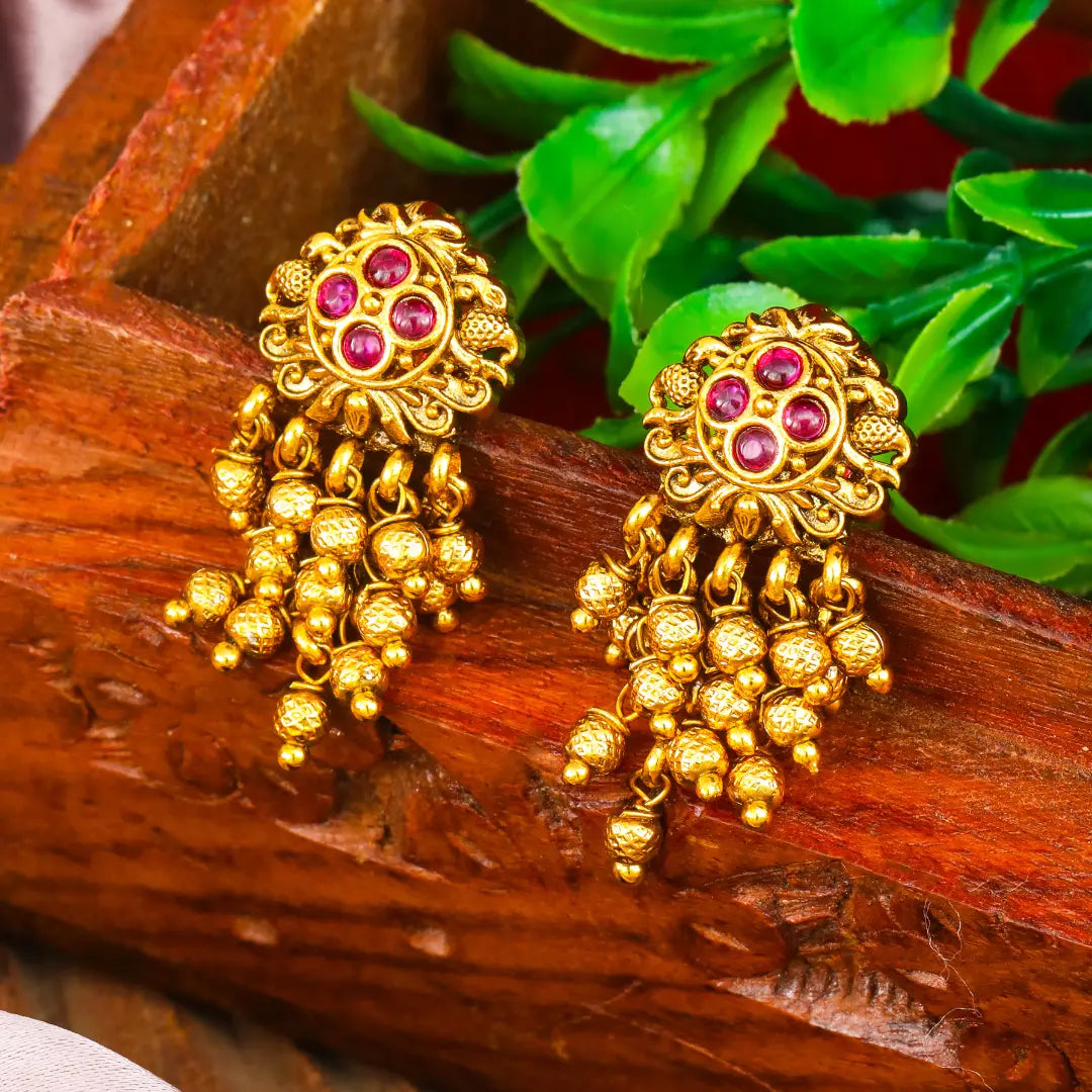Minimalist Temple Bali Earrings – Gold-Plated Ruby &amp; Emerald Design 