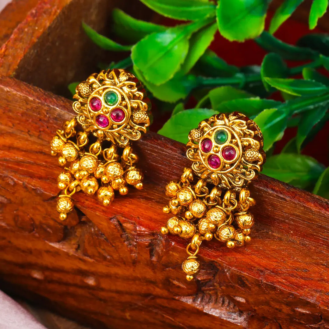 Minimalist Temple Bali Earrings – Gold-Plated Ruby &amp; Emerald Design 