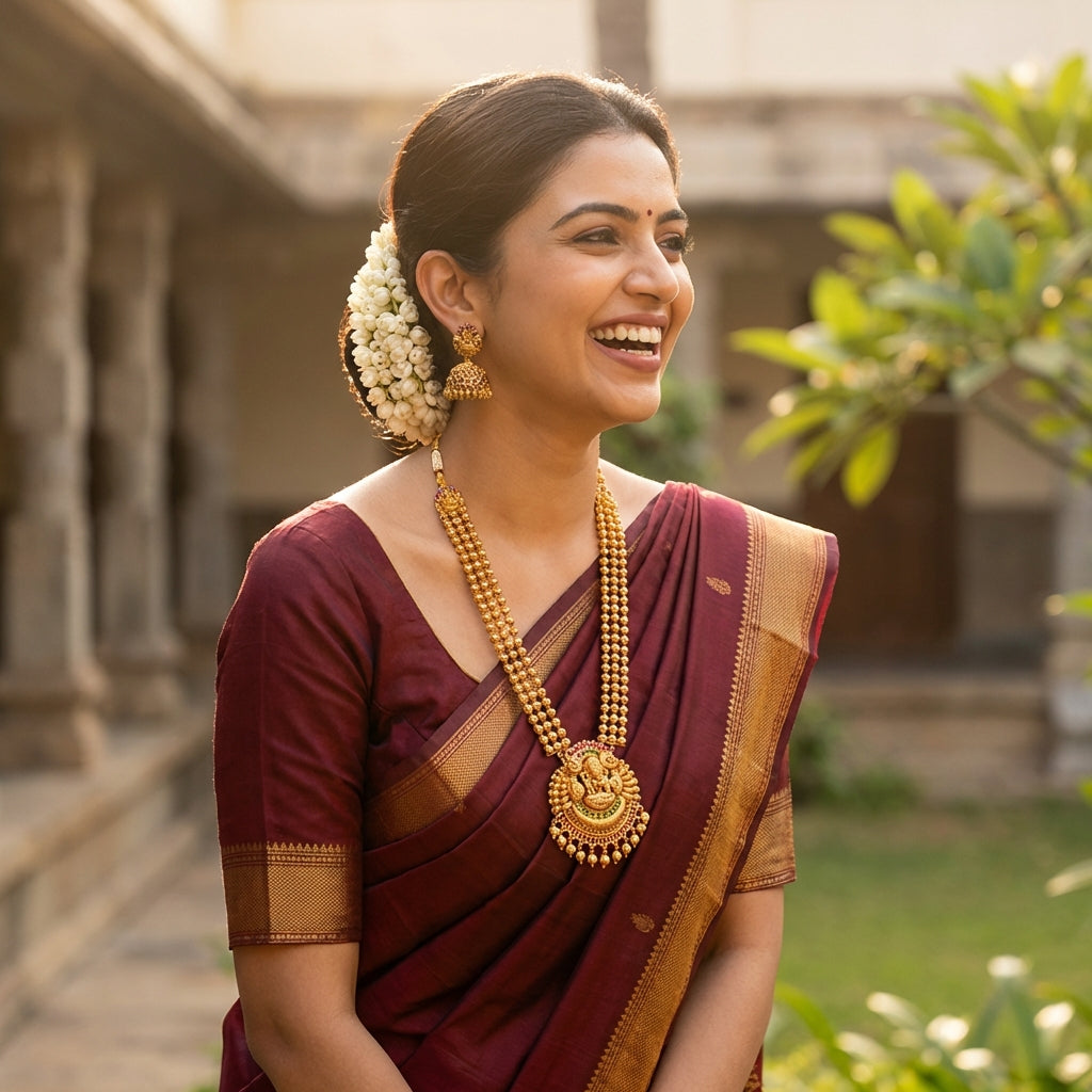 Happy South Indian woman wearing authentic Lakshmi haram temple jewellery — buy temple jewellery online India with confidence — South Temple Jewellery