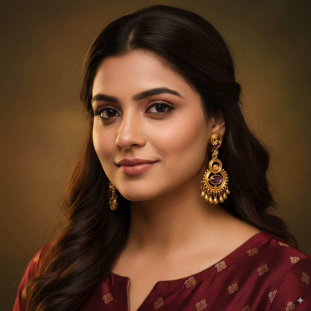 Woman wearing gold earrings and a maroon saree with gold patterns against a brown background