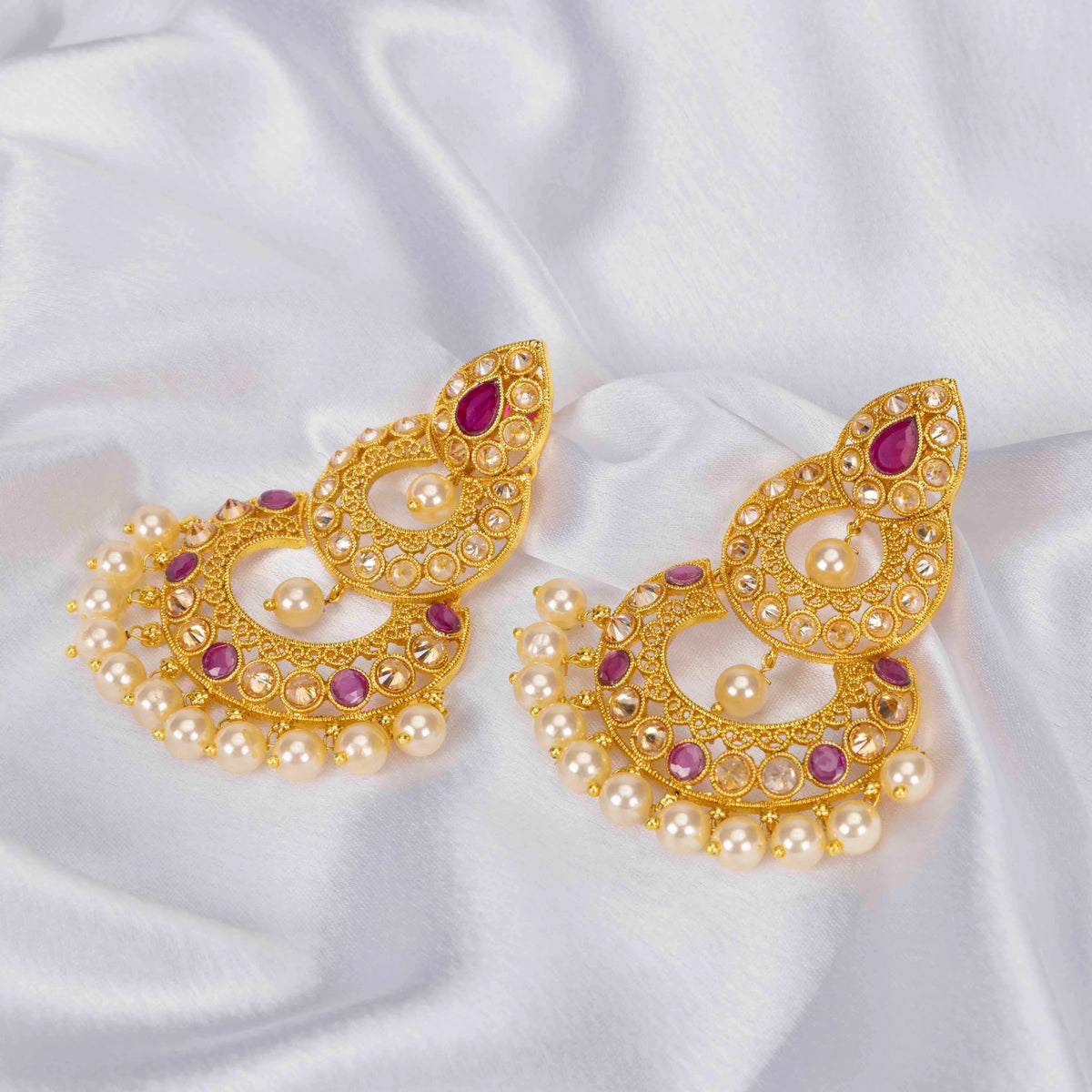 Antique Gold-Plated Jhumka with White Pearl B-163