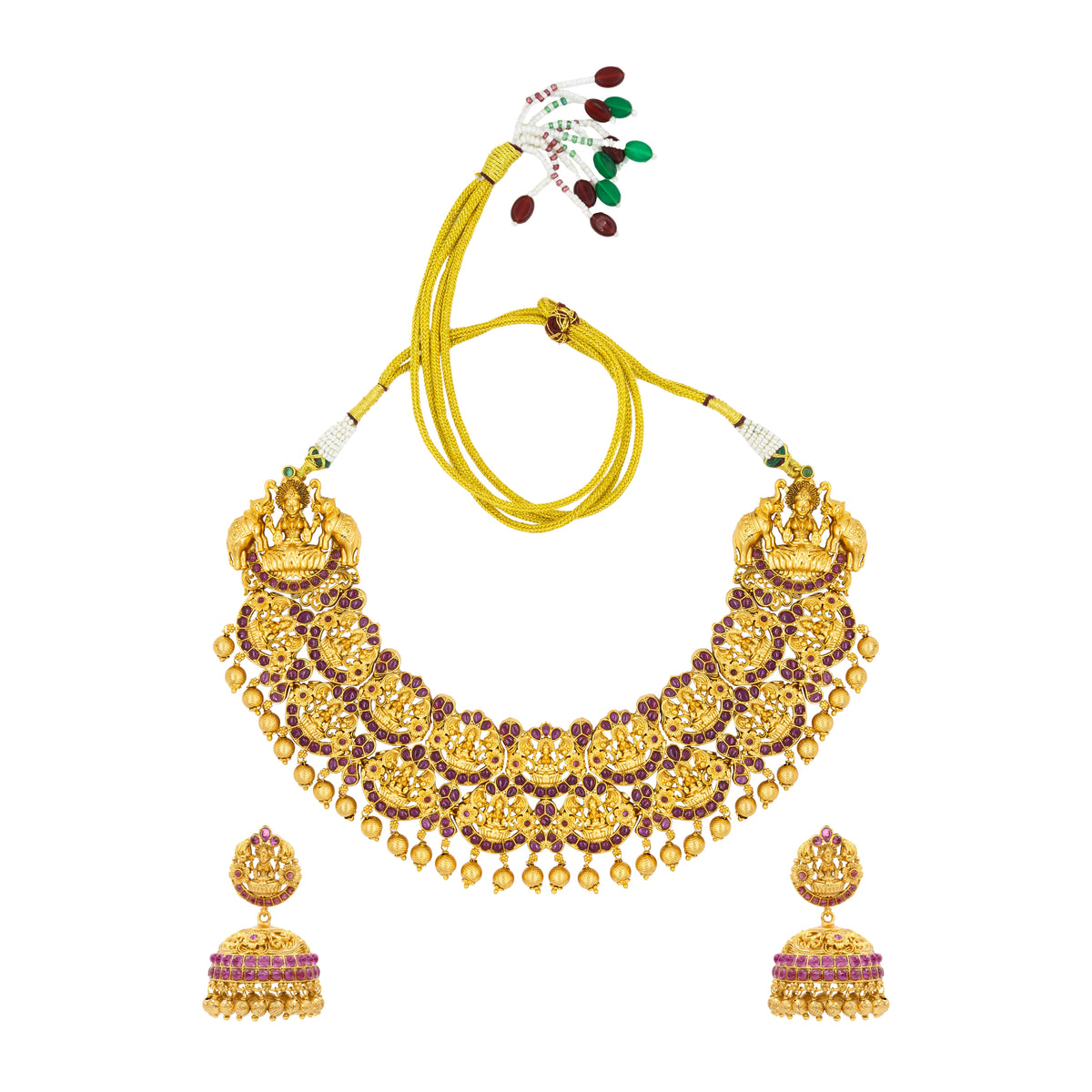 Ruby Stone Lakshmi Temple Short Necklace Set
