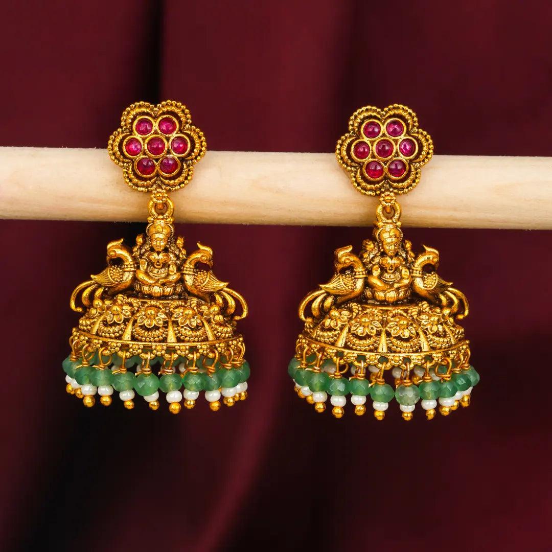 South Indian Laxmi Jhumkas – Gold-Plated Ruby Floral Top