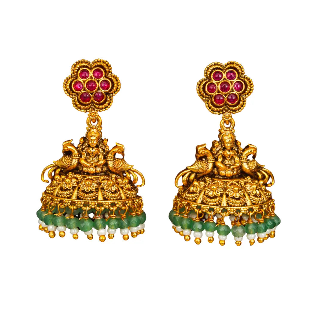 South Indian Laxmi Jhumkas – Gold-Plated Ruby Floral Top