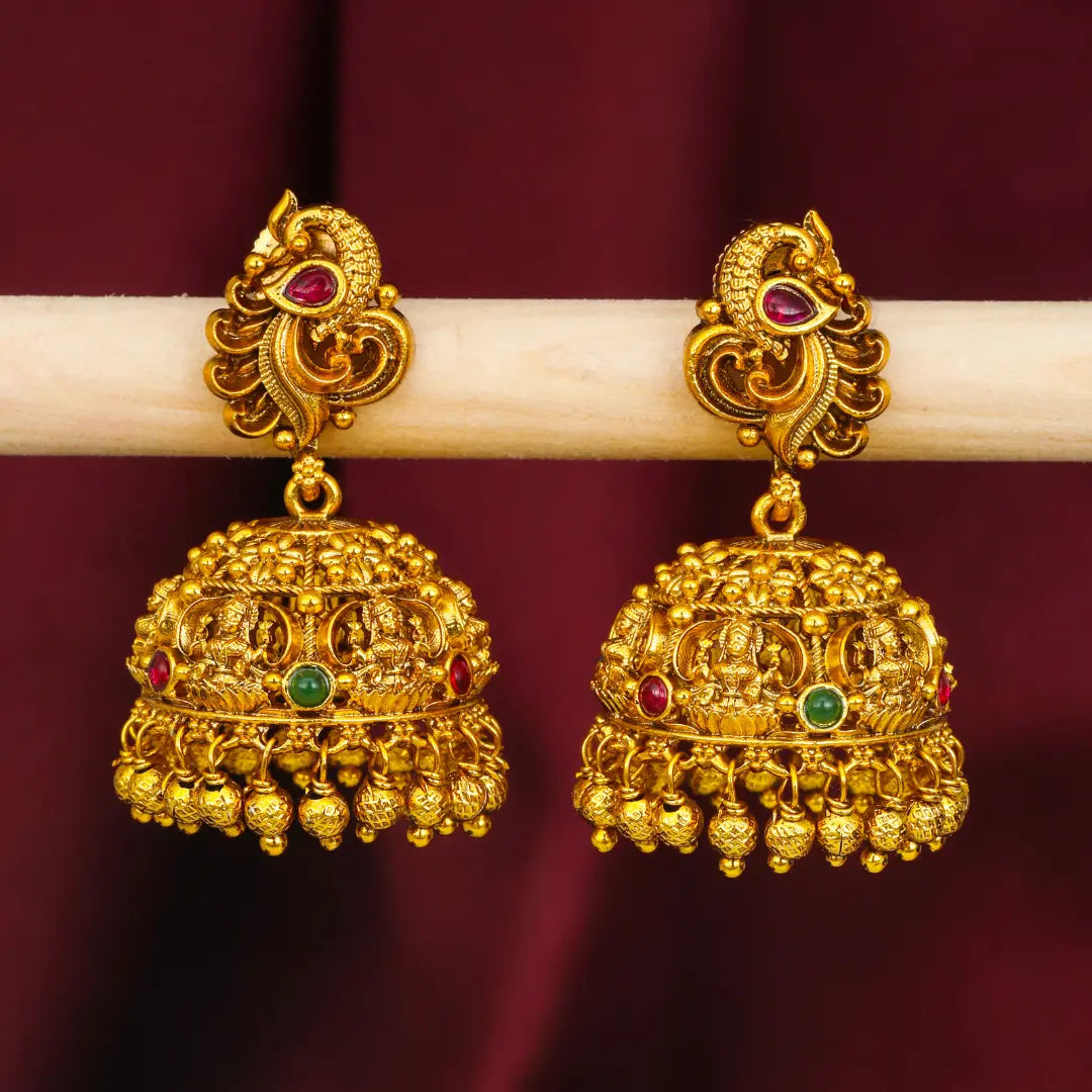 South Indian Peacock Temple Jhumkas – Antique Gold Bridal Style