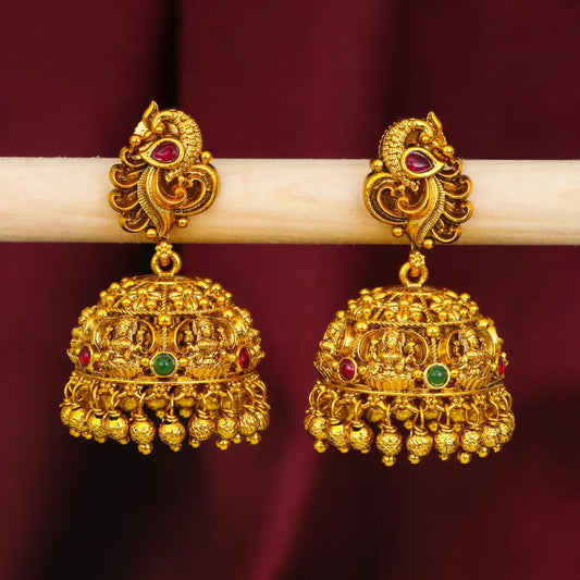 South Indian Peacock Temple Jhumkas – Antique Gold Bridal Style