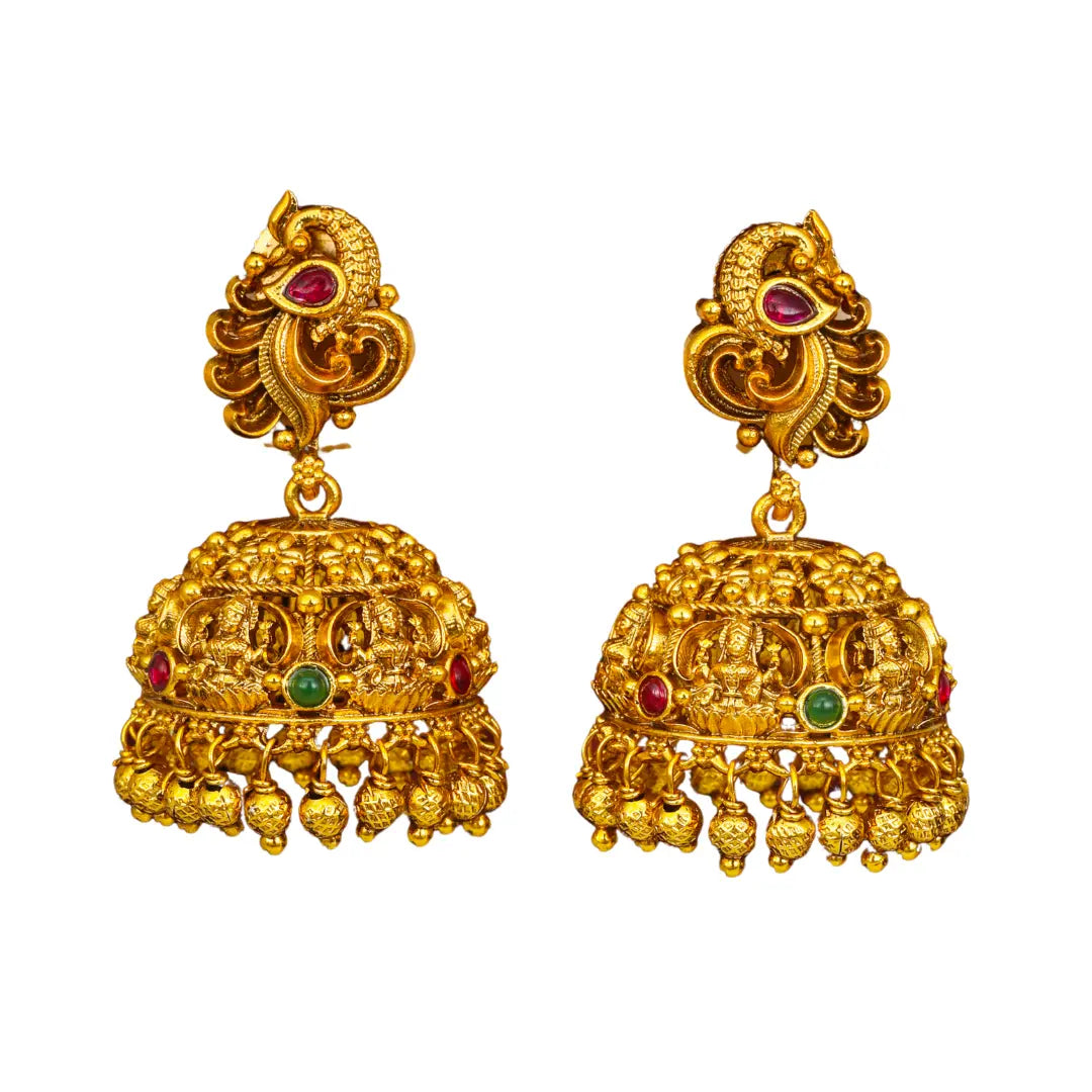 South Indian Peacock Temple Jhumkas – Antique Gold Bridal Style