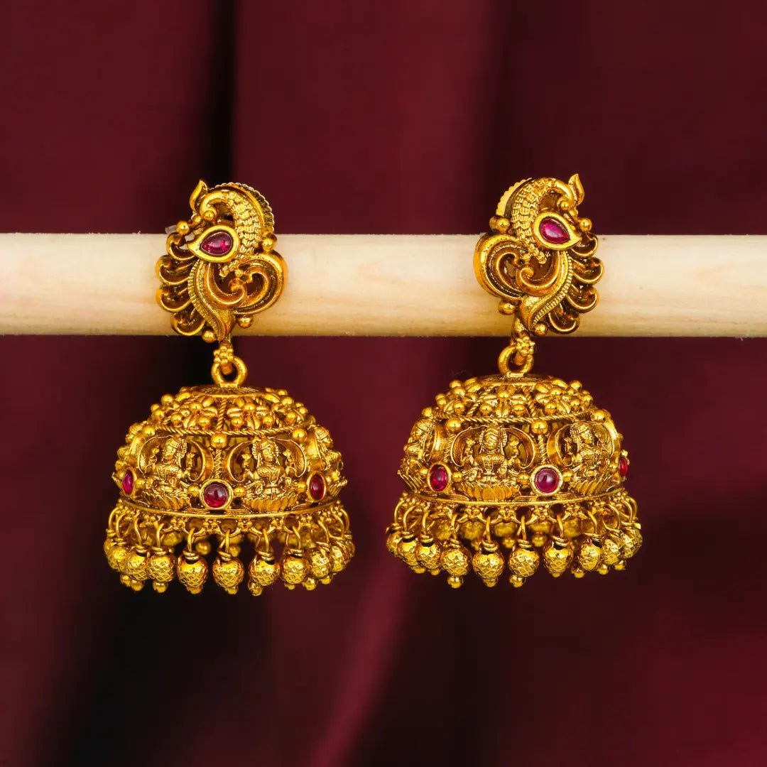 South Indian Peacock Temple Jhumkas – Antique Gold Bridal Style