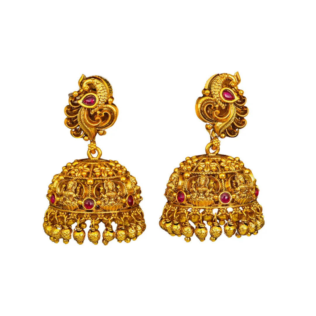 South Indian Peacock Temple Jhumkas – Antique Gold Bridal Style