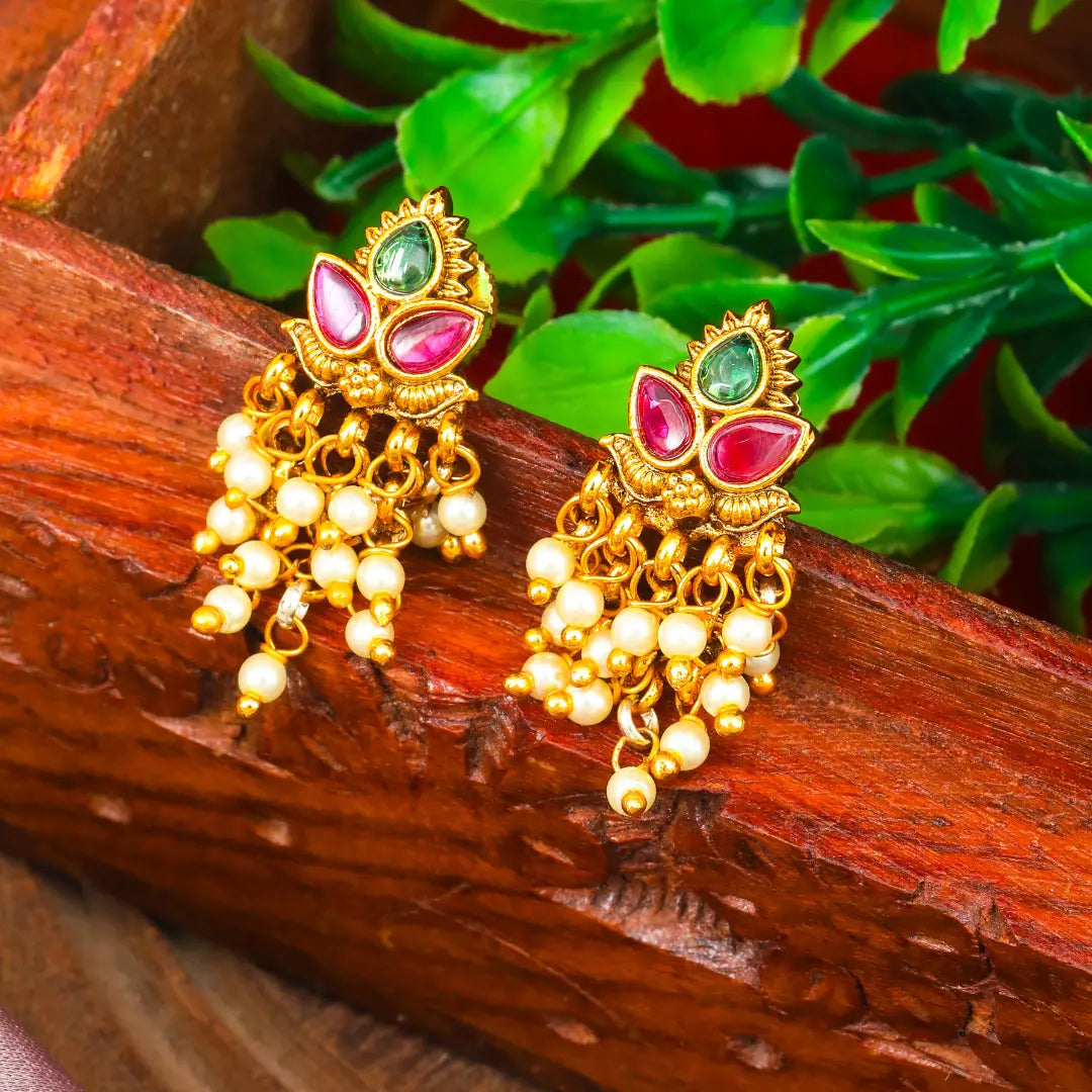 South Indian Temple Bali Earrings – Minimalist Pearl Cluster Look