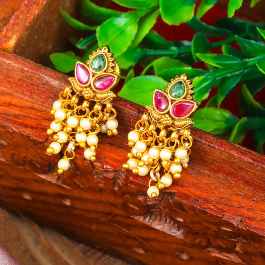 South Indian Temple Bali Earrings – Minimalist Pearl Cluster Look