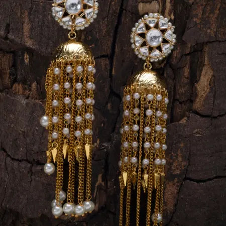 Long Antique Gold-Plated Kundan Jhumka D-142