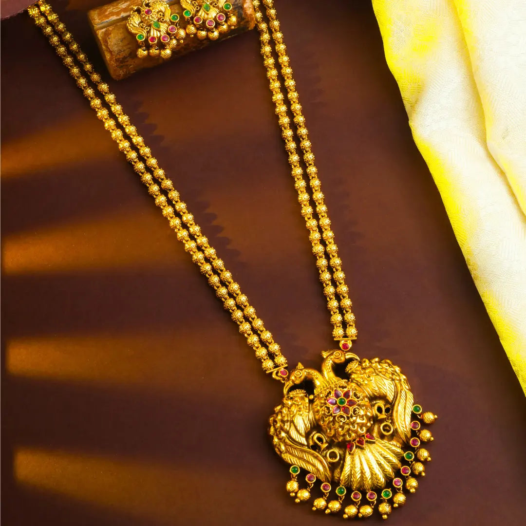 Antique Gandaberunda Temple Jewellery Pendant Set with Beaded Chain