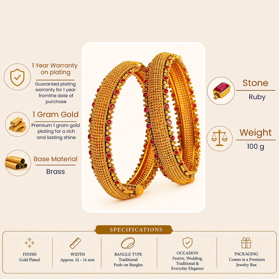 Antique Temple Gold platted Bangles with Ruby Stones V-2249