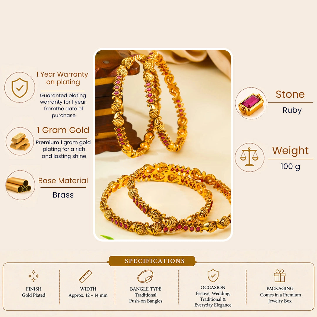 Saroja Valaya Paired Bangle | Gold-Plated Lotus Temple Bangle Set V-2246