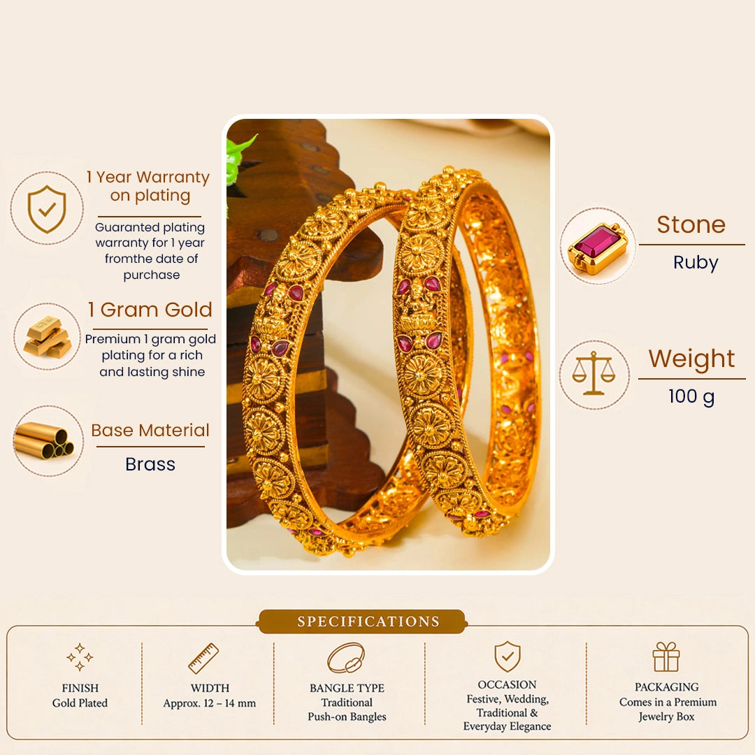 Padmavathi Rekha Paired Bangle | Gold-Plated Lotus Goddess Line Bangle Set V-2500