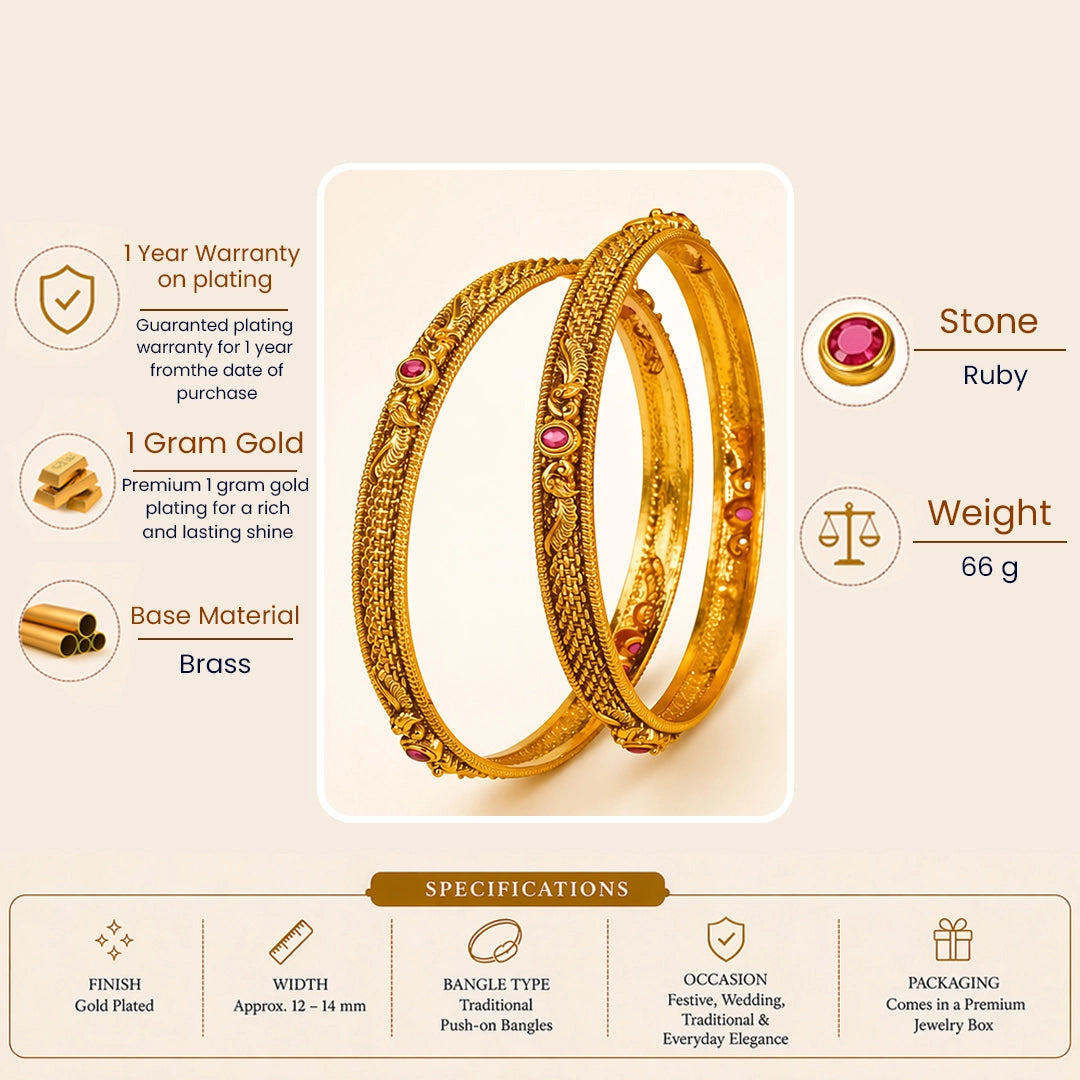 Lakshmi Archana Paired Bangle | Gold-Plated Goddess Worship Temple Bangle Set V-2567