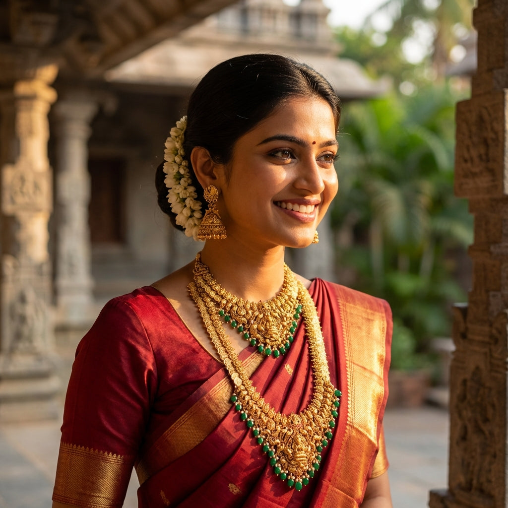 South Indian woman wearing authentic 1 gram gold plated temple jewellery — buy temple jewellery online India — South Temple Jewellery