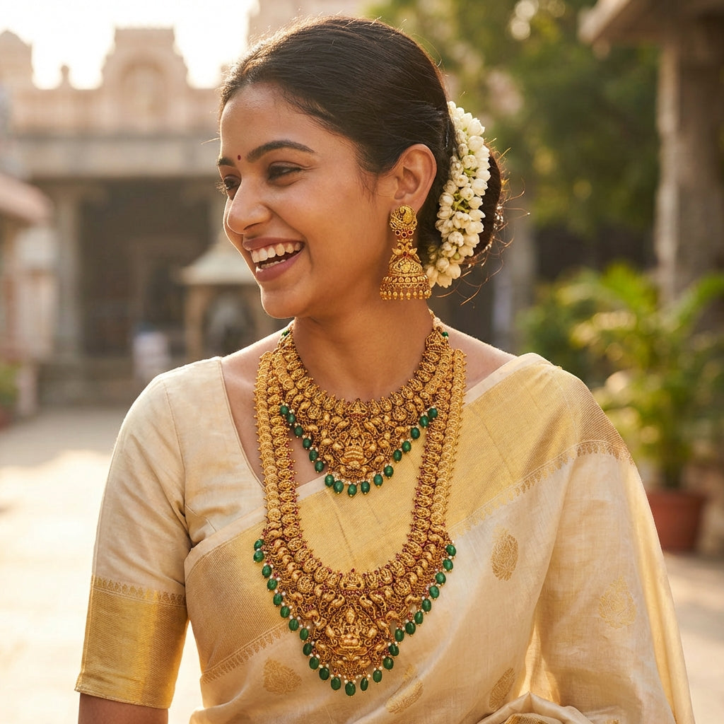 Authentic temple jewellery worn on Kasavu saree — buy temple jewellery online India for Kerala wedding — South Temple Jewellery