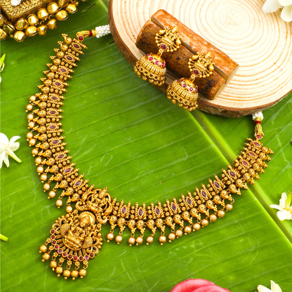 1 Gram Gold Short Necklace Set | Beaded Temple Necklace with Pearl K-1731