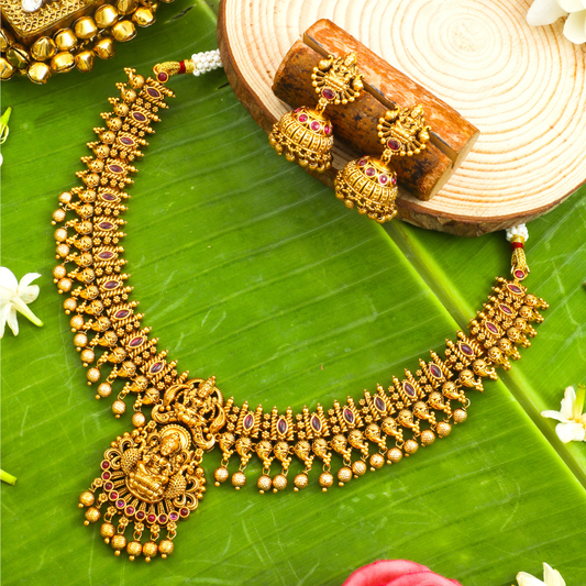 1 Gram Gold Short Necklace Set | Beaded Temple Necklace with Pearl K-1731