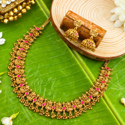 1 Gram Gold Temple Necklace Set | Antique Floral Link Necklace J-948