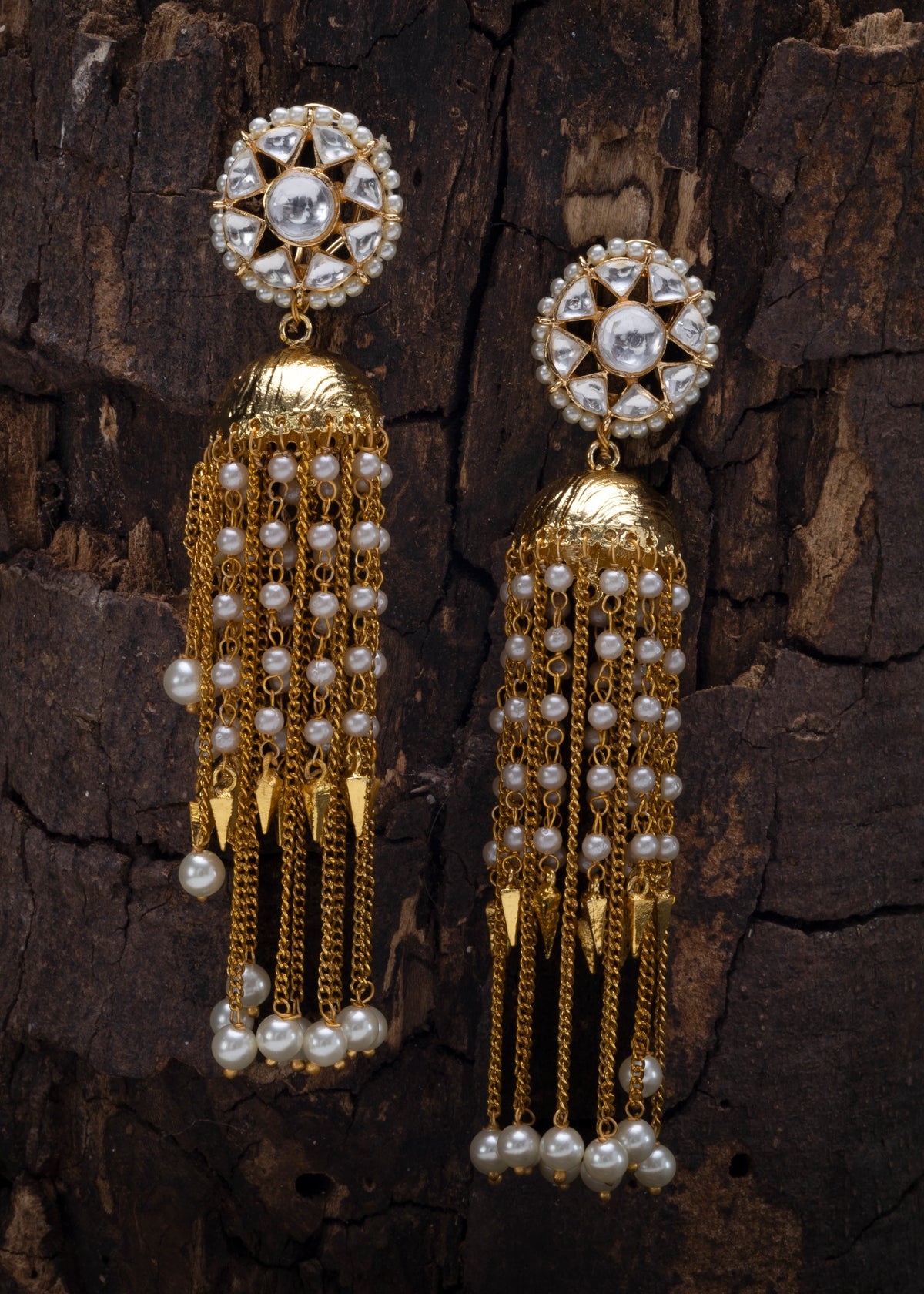 Long Antique Gold-Plated Kundan Jhumka D-142