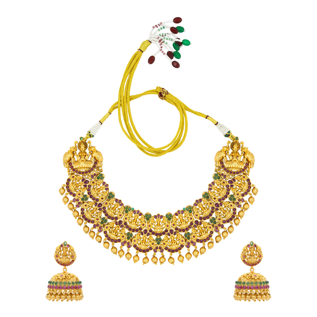 Ruby Stone Lakshmi Temple Short Necklace Set