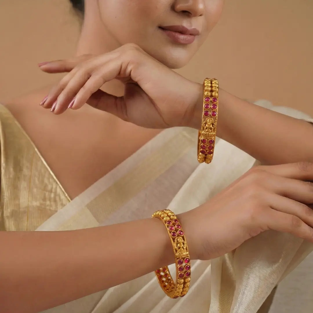 Sridevi Mangala Valayal Paired Bangle | Gold-Plated Auspicious Goddess Bangle V-2484