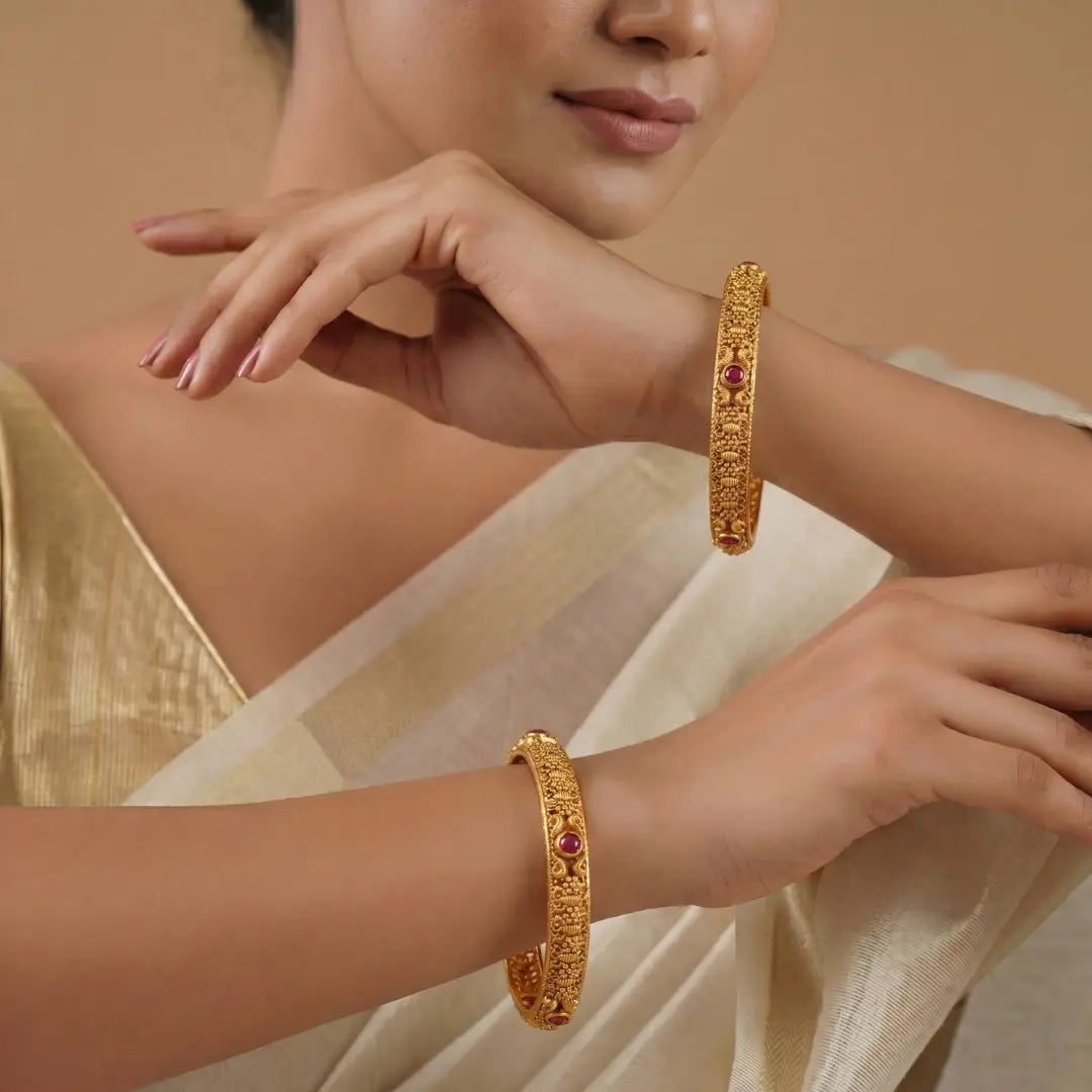 Andal Pushpa Kankana Paired Bangle | Gold-Plated Goddess Flower Bangle Set