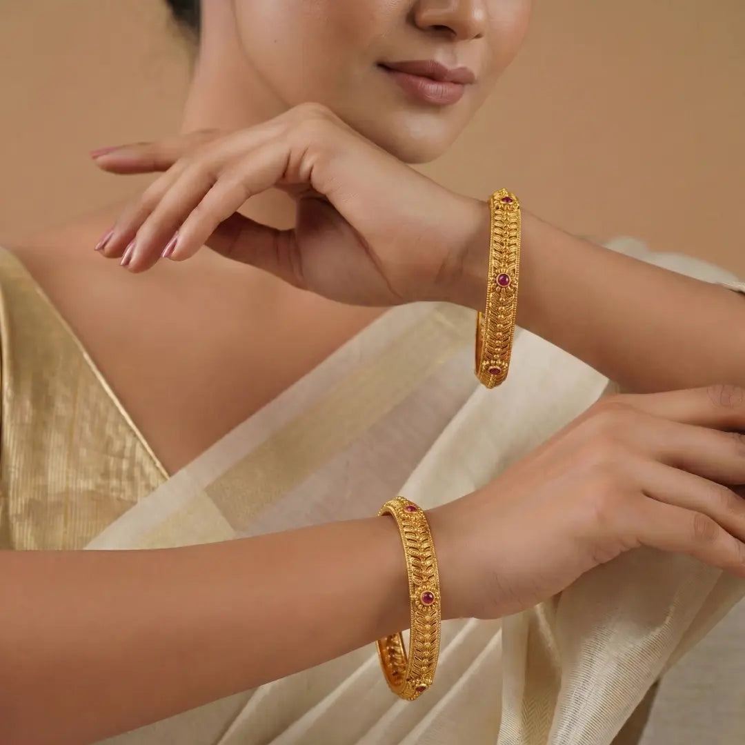 Kamakshi Shobha Paired Bangle | Gold-Plated Kanchipuram Goddess Bangle Set V-2565